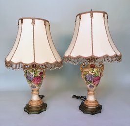 Pair Of Hand Painted Ceramic Urns Adapted For Use As Table Lamps, C. 20th Century