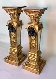 Pair Of Baroque Style Gilt And Ebonized Marble Topped Pedestals, Modern