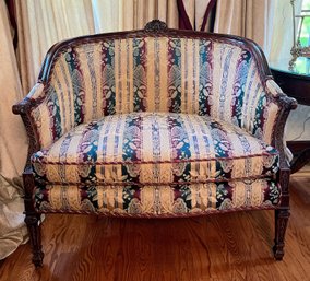 Carved And Upholstered Neoclassical Style Loveseat, Made In The Philippines, Modern
