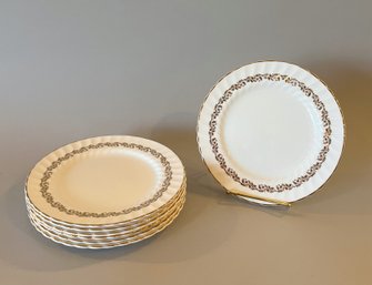 Seven 8' Dessert Plates By Royal Grafton Bone China, England White With Gold Foliate Decoration Around Edge