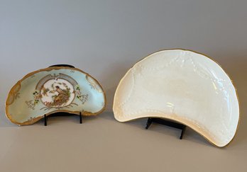 Two Half Moon Trays One In Solid Ivory And One With Figural Decoration By Lenwile China Ardalt, Japan
