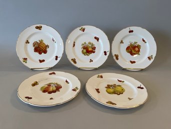 Set Of 5 Royal Grafton Fine Bone China Made In England, 8' Dessert Plates With Fruit Decoration And Gold Trim