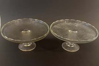 Two Early American Pressed Glass Harp Embossed Scalloped Edge Pedestal Cake Stands