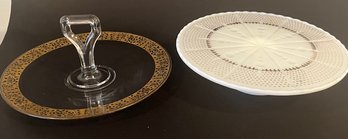 Two Glass Cake Plates With Gold Leaf Decoration