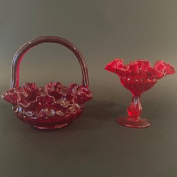 Vintage Fenton Ruby Thumbprint Glass Compote And Basket