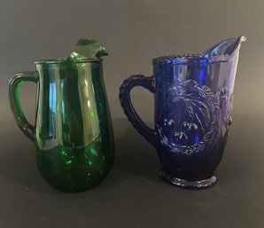 Cobalt Blue Pressed Glass Glass Pitcher With Embossed Cherry Decoration With Forest Green Glass Pitcher
