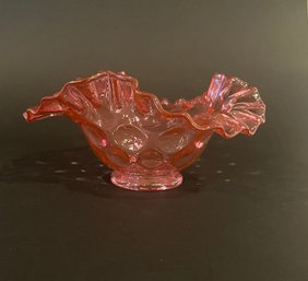 Vintage Fenton Cranberry Rose Glass Diamond Optic Ruffled Edge Bowl