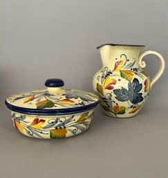Ceramiche Alfa For Crate And Barrel, Hand Painted Ceramic Pitcher And Covered Casserole Dish