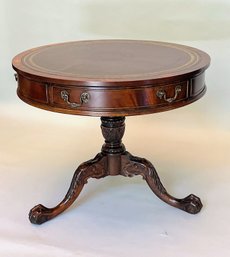 Southhampton Round Chippendale Style Mahogany Leather Top Carved Wood Drum Table, C. 1990s