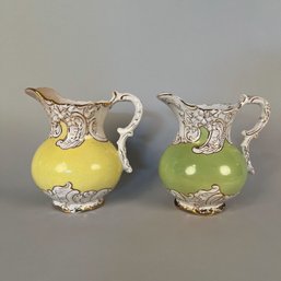Two La Belle China Water Pitchers - Mint Green And Yellow Each With With Gold Rim And Decoration