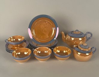 Japanese Blue Lusterware Partial Tea Set - 14 Pieces