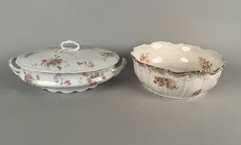 Two Floral Decorated Porcelain Serving Pieces: One Covered Vegetable Dish And One Bowl