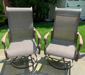 Pair Of Cast Aluminum Royal Sling Swivel-Rocker Arm Chairs In Cinnamon Finish By Beka