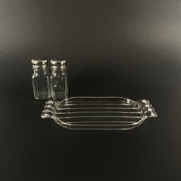 Glass Salt And Pepper Shakers With Pressed Glass Butter Dish