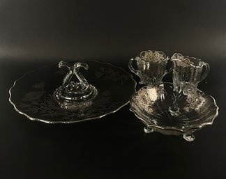 Silver City Glass Co. Silver Overlay Sugar Bowl, Creamer, Footed Bowl And Handled Cake Plate, Circa 1950