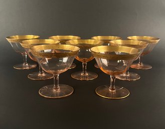 Set Of 8 Pink Coupe Champagne Glasses With Gold Rims, Circa 1940