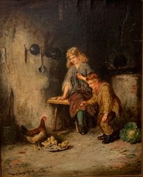 Mark William Langlois (English, 1848 - 1924) Feeding The Chickens, Fine Art
