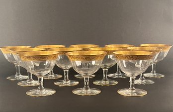 Set Of 12 Coupe Champagne Glasses With Gold Rims, Circa 1940