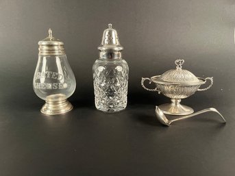 Glass Sugar Pourer, Glass And Sterling Grated Cheese Shaker & Urn Shaped Covered Sugar Bowl