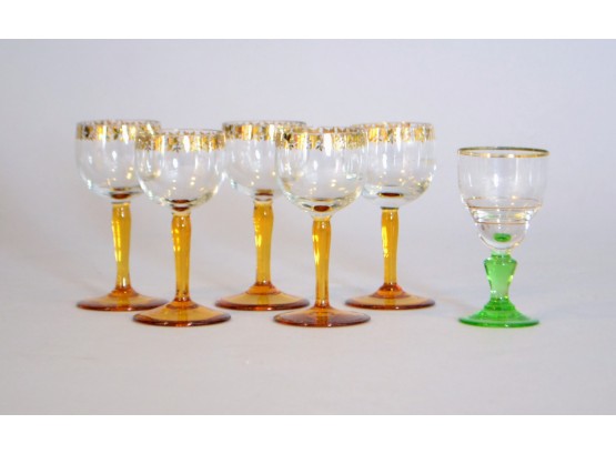Set Of Five Amber Glass Cordial Glasses With One Green Glass