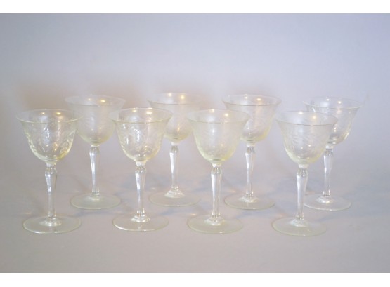 Set Of Eight European Etched Glass Small Wine Or Cordial Glasses, Circa 1900 - 1950
