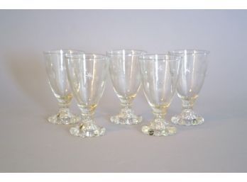 Set Of Five Etched Short Wine Or Cordial Glasses - Possibly Anchor Hocking Boopie, Circa 1950