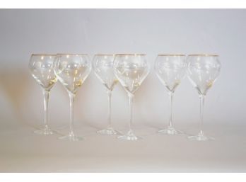 Set Of Six Crystal Red Wine Glasses With Gold Rims