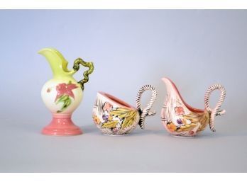 Group Of Three 1945-1955 Hull Pottery Pitchers: Pink Blossom Flite And Woodland Patterns
