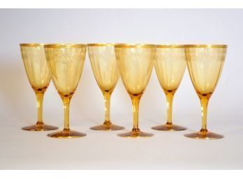 Set Of Six Amber Colored Wine Glasses With Gold Rim