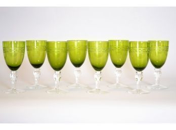 Set Of Eight Green Glass Water Glasses With Etched Border And Shaped Stem
