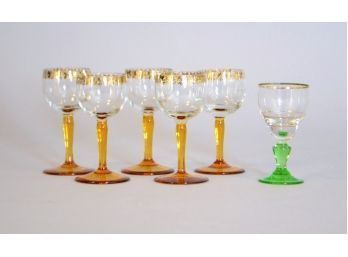 Set Of Five Amber Glass Cordial Glasses With One Green Glass