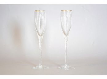 Pair Of Crystal Champagne Flutes With Gold Rims