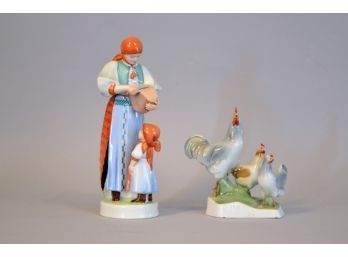 Two Rare  Zsolnay Porcelain Figurines From The Mid 20th Century: Mother And Son And Rooster And Hens