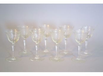 Set Of Eight European Etched Glass Small Wine Or Cordial Glasses, Circa 1900 - 1950