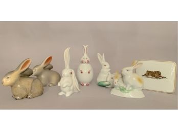 Group Of Six Bunny Figures With One Lidded Box With Bunny Decoration - Herend And Hollohaza Manufacturers