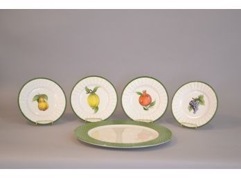 Tiffany & Co. Set Of Four Ceramic Fruit Design Plates And Large Roud Platter With Green Basketweave Border