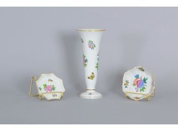 Herend 'Flowers And Butterfly' Vase With Two Small Dishes