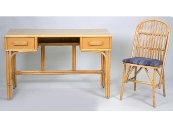 Mid Century Rattan Desk And Chair Possibly By Ritts Tropitan