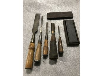 5 Vintage Chisels With Two Sharpening Stones