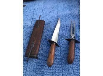 Ornate Knife And Fork Hardwood And Brass Carving Set