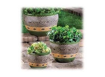 Set Of Three Multi Sized Jade Green Ceramic Planters - New