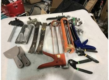 Loose Tool Lot 1 - Pry Bars, Caulk Guns,  Miter Gauge And More