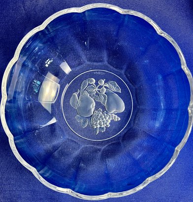 Val St. Lambert  French Crystal Bowl With Scalloped Rim & Fruit Etched Base - Signed - 10' Diameter
