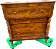 American Empire Mahogany Bureau - Carved Columns, Top Drawer Overhang, & High End Book-Matched Flame Mahogany