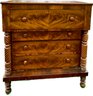 American Empire Mahogany Bureau - Carved Columns, Top Drawer Overhang, & High End Book-Matched Flame Mahogany