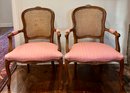Vintage French Provincial Arm Chairs With Caned Backs, , Cabriole Legs, Floral Carvings, & Upholstered Seats