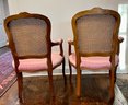 Vintage French Provincial Arm Chairs With Caned Backs, , Cabriole Legs, Floral Carvings, & Upholstered Seats