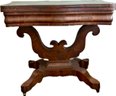 American Empire Period Flame Mahogany Flip Top Console Table - Original Brass Casters, Tulip Shaped Base