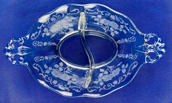 Fostoria Glass Acid Etched Crystal Divided Serving Piece - 'Midnight Rose' Pattern - Reticulated Handles