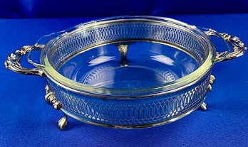 Silver Plate Reticulated Footed Serving Piece With Detailed Handles & Anchor Hocking Fitted Glass Insert